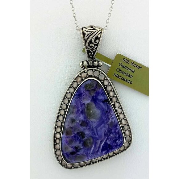 Genuine Obsidian & Marcasite Pendant Necklace Solid .925 Silver